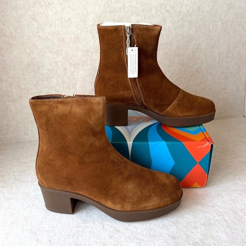 LAZO Siren Size 9 Goldstone Brown Suede Ankle Boots Platform Block Heel Women